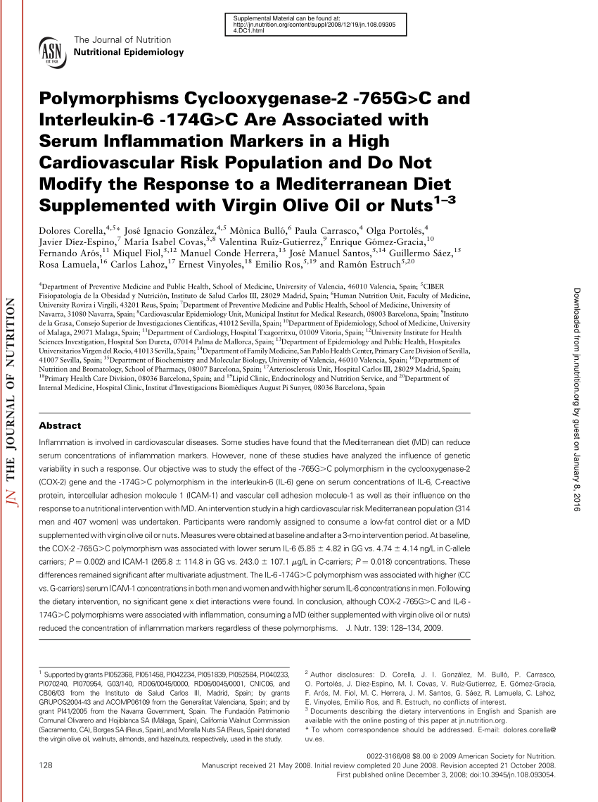Pdf Polymorphisms Cyclooxygenase 2 765g C And Interleukin 6 174g C Are Associated With Serum Inflammation Markers In A High Cardiovascular Risk Population And Do Not Modify The Response To A Mediterranean Diet Supplemented