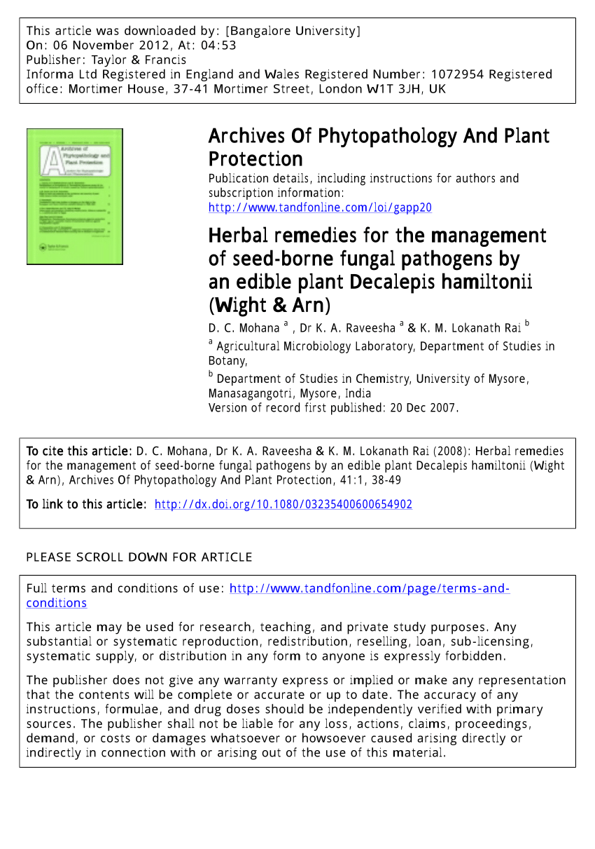 Pdf Herbal Remedies For The Management Of Seed Borne Fungal Pathogens By An Edible Plant Decalepls Hamiltonii Wright And Ann