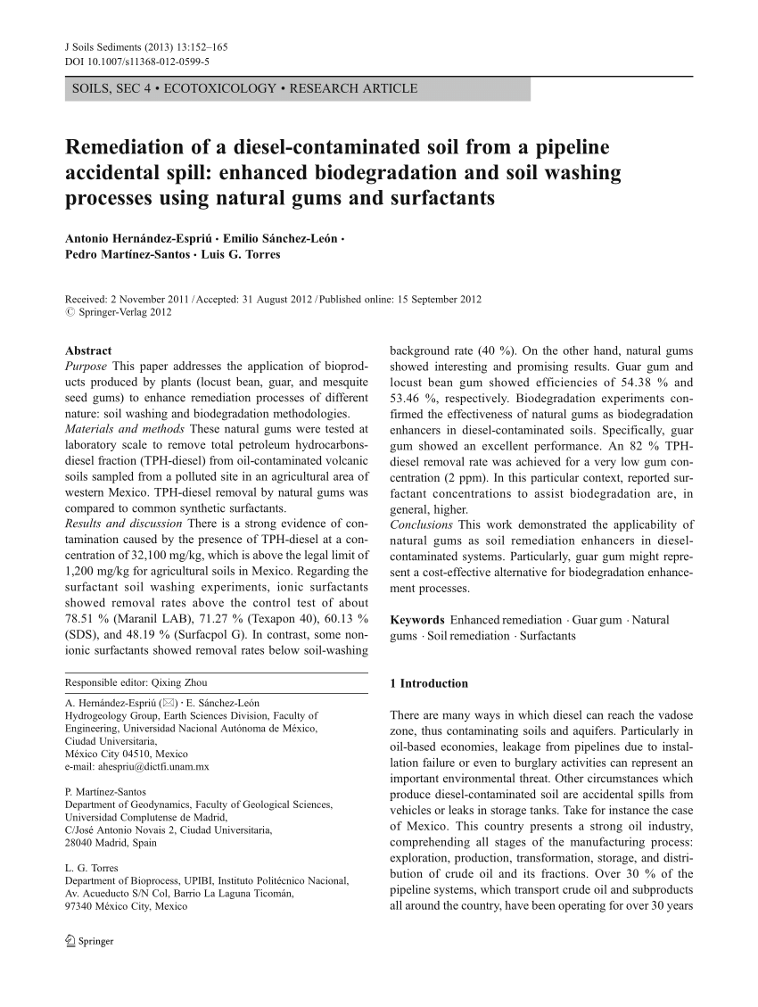 Pdf Remediation Of A Diesel Contaminated Soil From A Pipeline Accidental Spill Enhanced Biodegradation And Soil Washing Processes Using Natural Gums And Surfactants