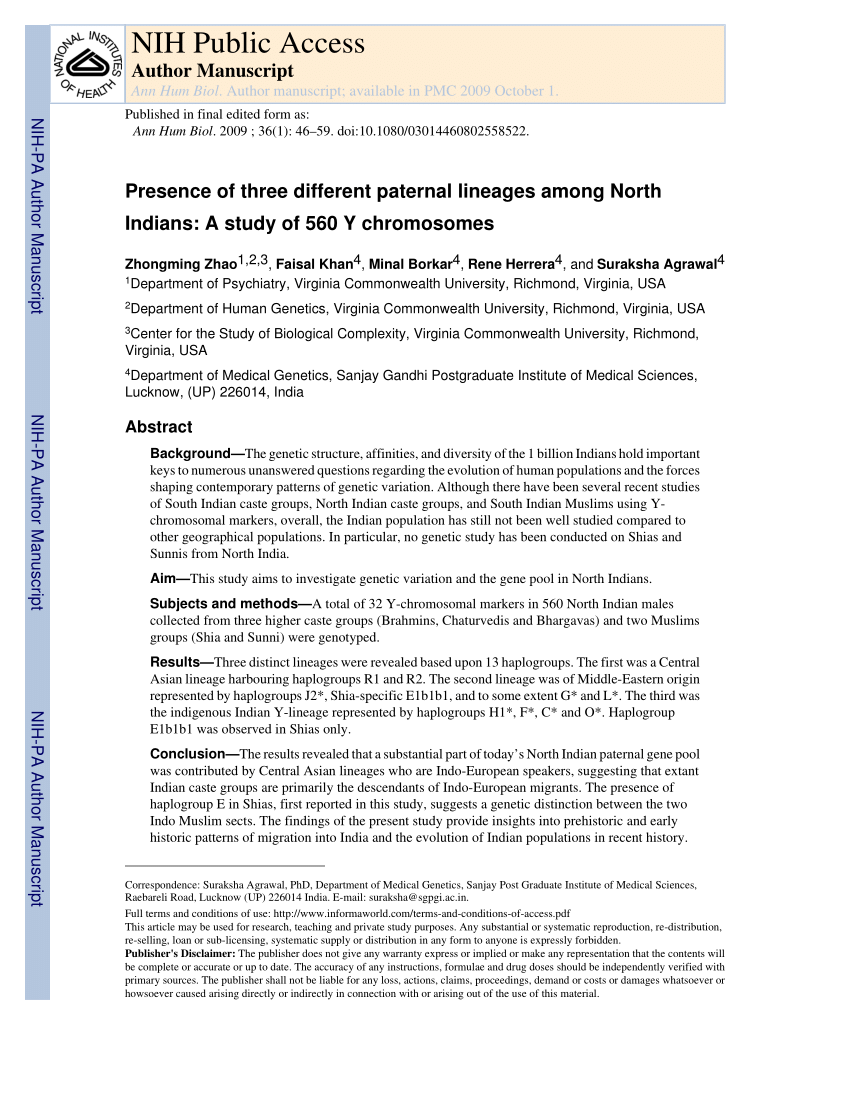 Pdf Presence Of Three Different Paternal Lineages Among North Indians A Study Of 560 Y Chromosomes