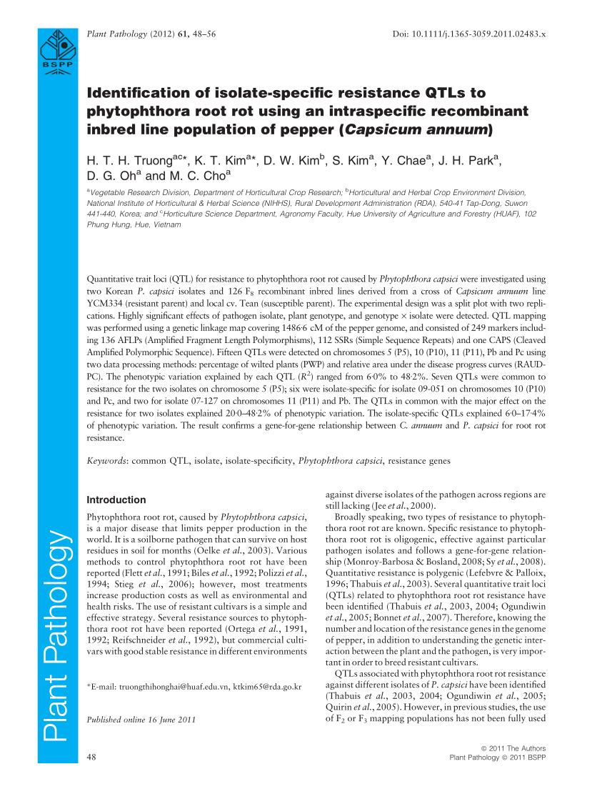 Pdf Identification Of Isolate Specific Resistance Qtls To Phytophthora Root Rot Using An Intraspecific Recombinant Inbred Line Population Of Pepper Capsicum Annuum