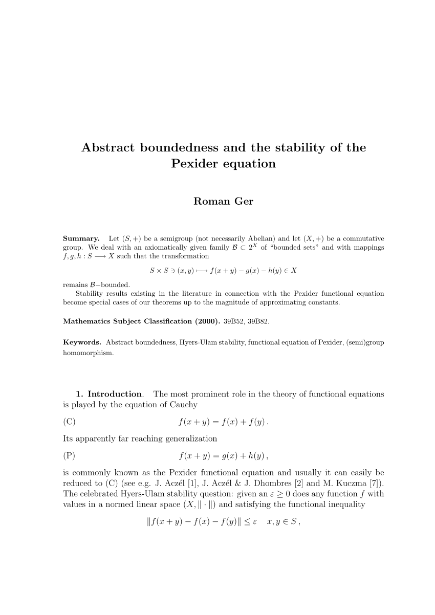 Pdf Abstract Boundedness And The Stability Of The Pexider Equation