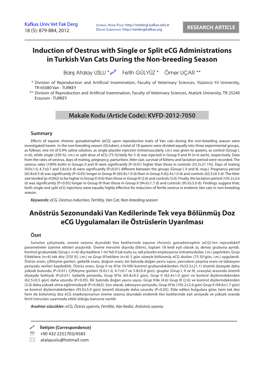 Pdf Induction Of Oestrus With Single Or Split Ecg Administrations In Turkish Van Cats During The Non Breeding Season