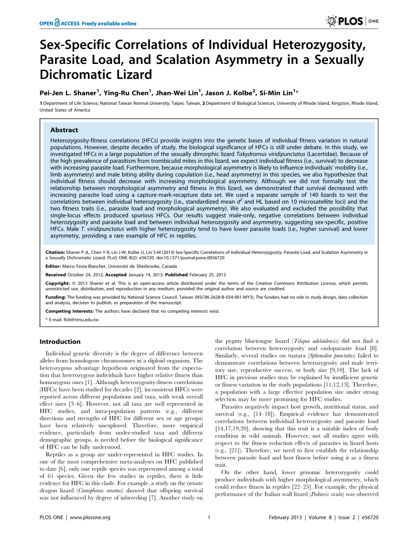Pdf Sex Specific Correlations Of Individual Heterozygosity Parasite Load And Scalation 9991