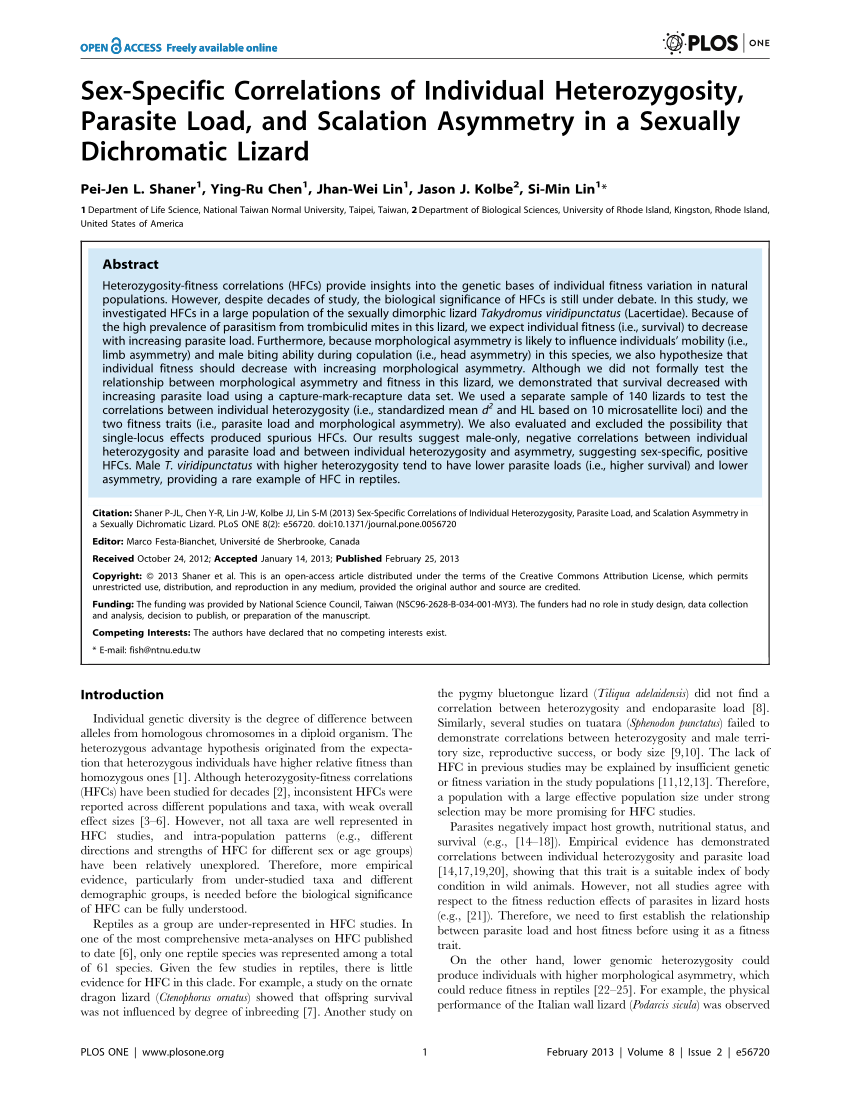 PDF) Sex-Specific Correlations of Individual Heterozygosity, Parasite Load,  and Scalation Asymmetry in a Sexually Dichromatic Lizard