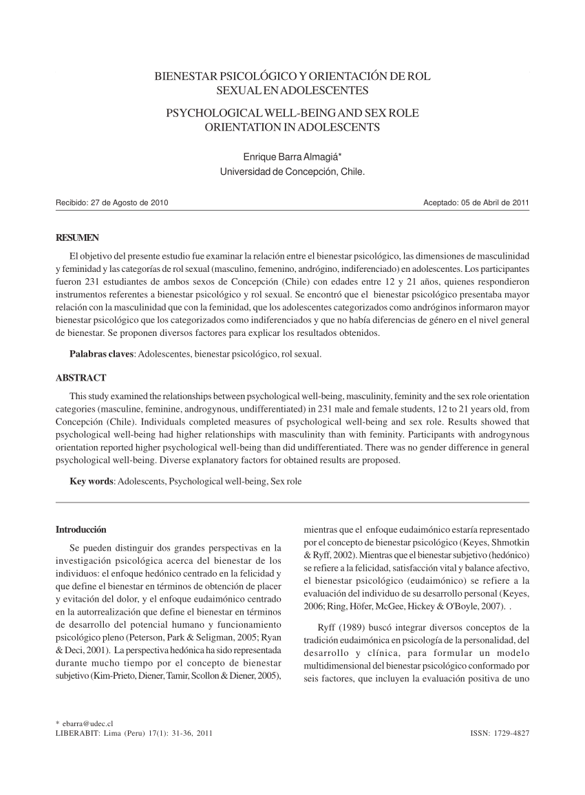 Pdf Psychological Well Being And Sex Role Orientation In Adolescents Bienestar Psicológico Y 1085