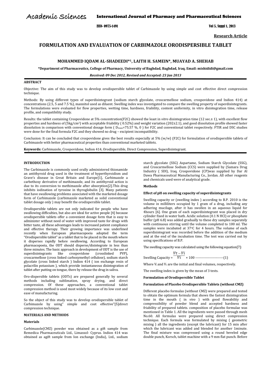 PDF Formulation and evaluation of Carbimazole orodispersible tablet