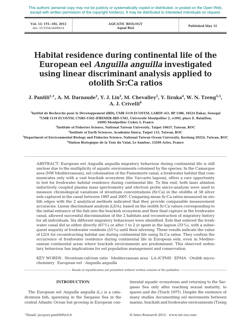 PDF) Habitat residence during continental life of the European eel Anguilla  Anguilla investigated using linear discriminant analysis applied to otolith  Sr:Ca ratios.