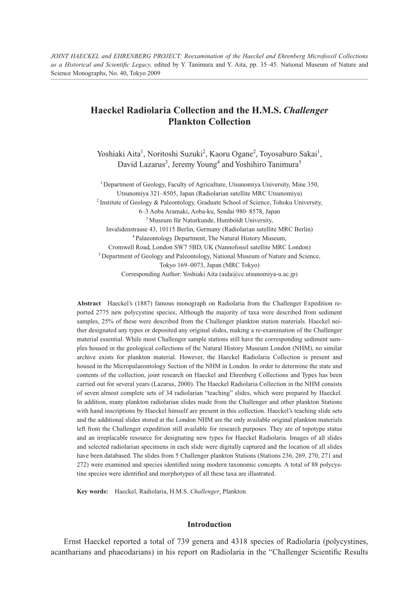 PDF) Haeckel Radiolaria Collection and the HMS Challenger Plankton