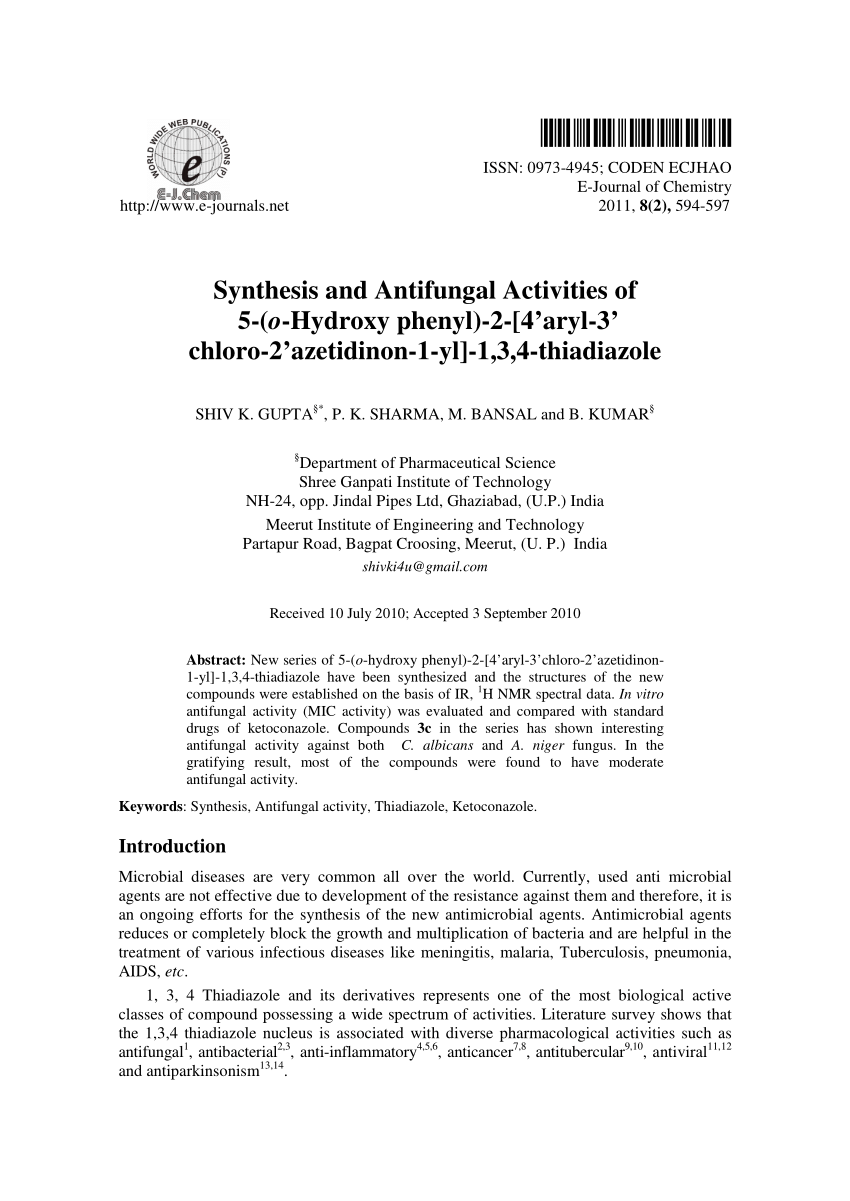 Pdf Synthesis And Antifungal Activities Of 5 O Hydroxy Phenyl 2 4 Aryl 3 Chloro 2 Azetidinon 1 Yl 1 3 4 Thiadiazole