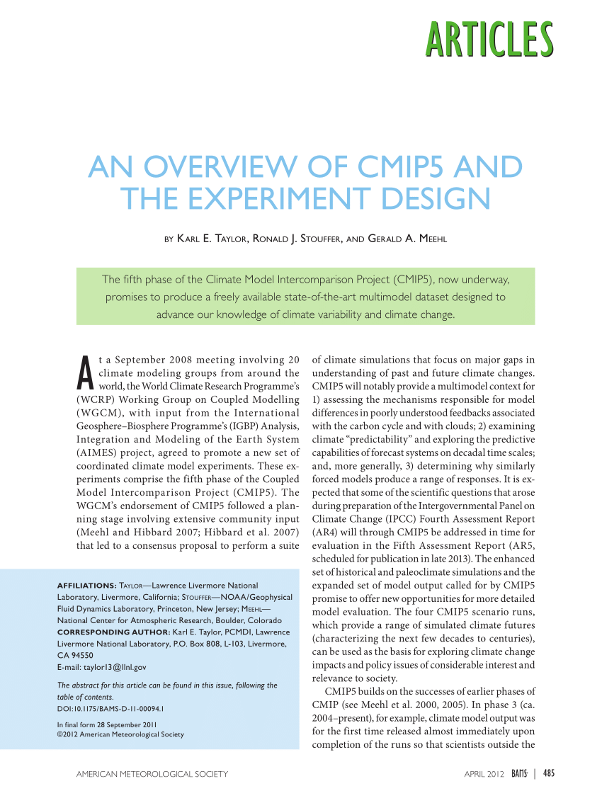Pdf An Overview Of Cmip5 And The Experiment Design