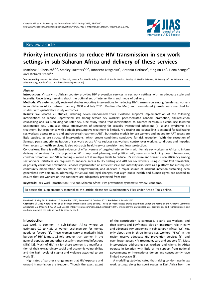 PDF) Priority interventions to reduce HIV transmission in sex work settings  in sub-Saharan Africa and delivery of these services