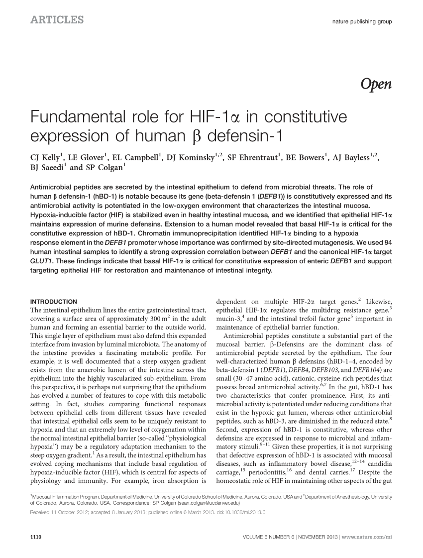 Pdf Fundamental Role For Hif 1 In Constitutive Expression Of Human B Defensin 1