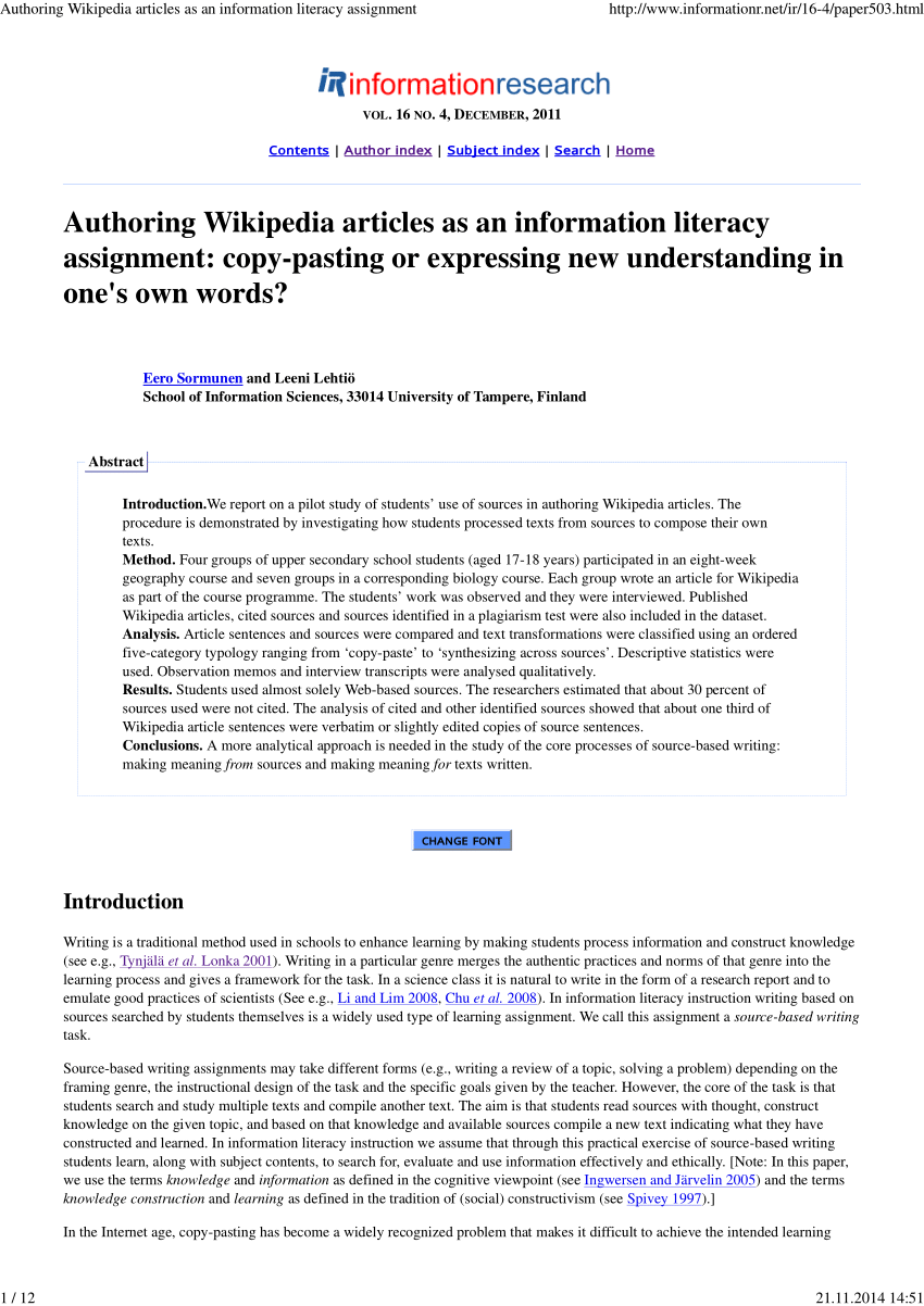 Pdf Authoring Wikipedia Articles As An Information Literacy Assignment Copy Pasting Or Expressing New Understanding In One S Own Words