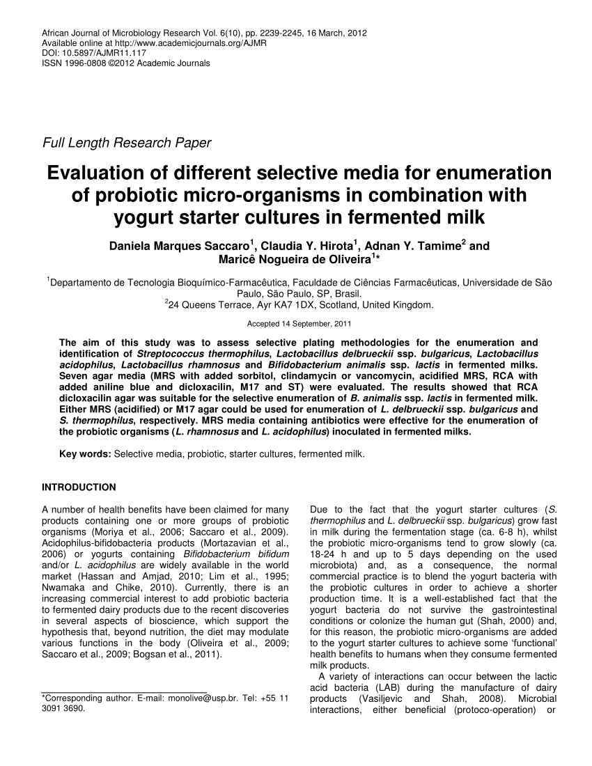 Evaluation of different selective media for enumeration of probiotic micro-organisms in combination with yogurt starter cultures in fermented milk (PDF Download Available)
