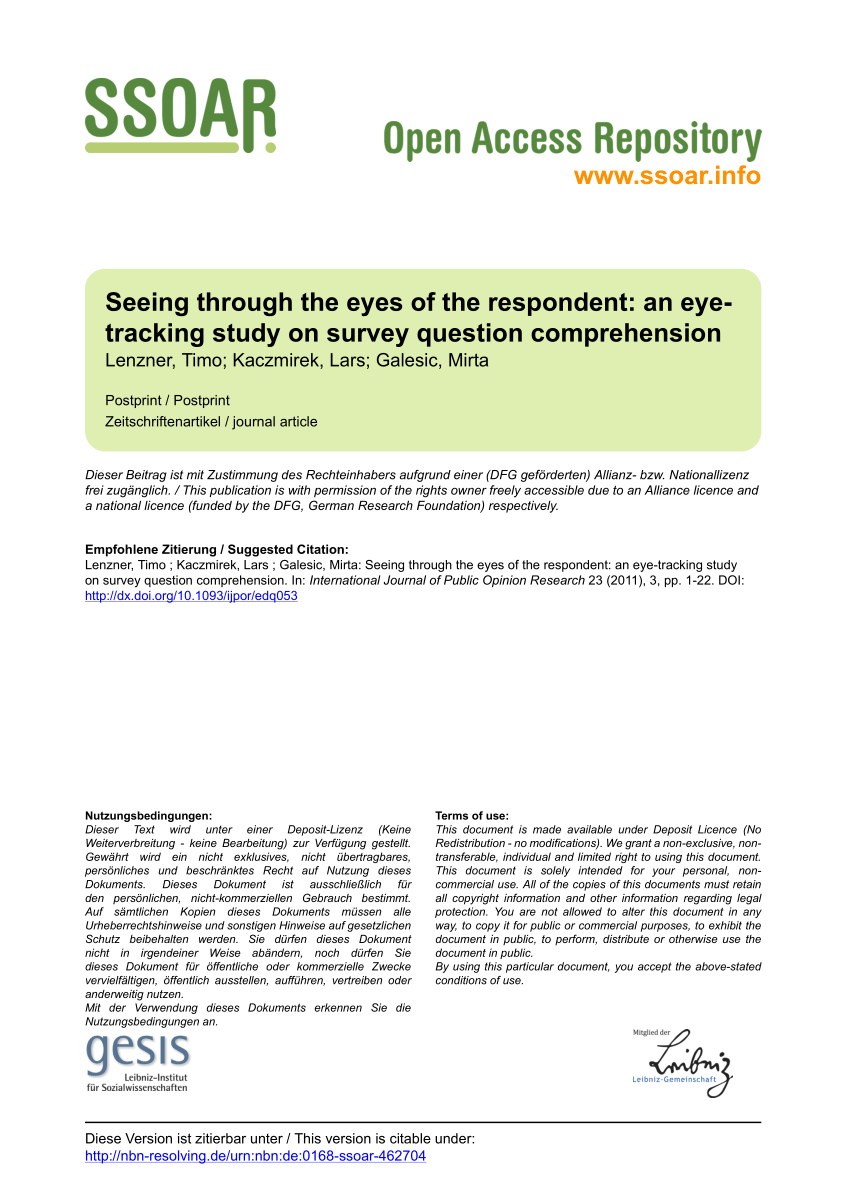 Pdf Seeing Through The Eyes Of The Respondent An Eye Tracking Study On Survey Question Prehension