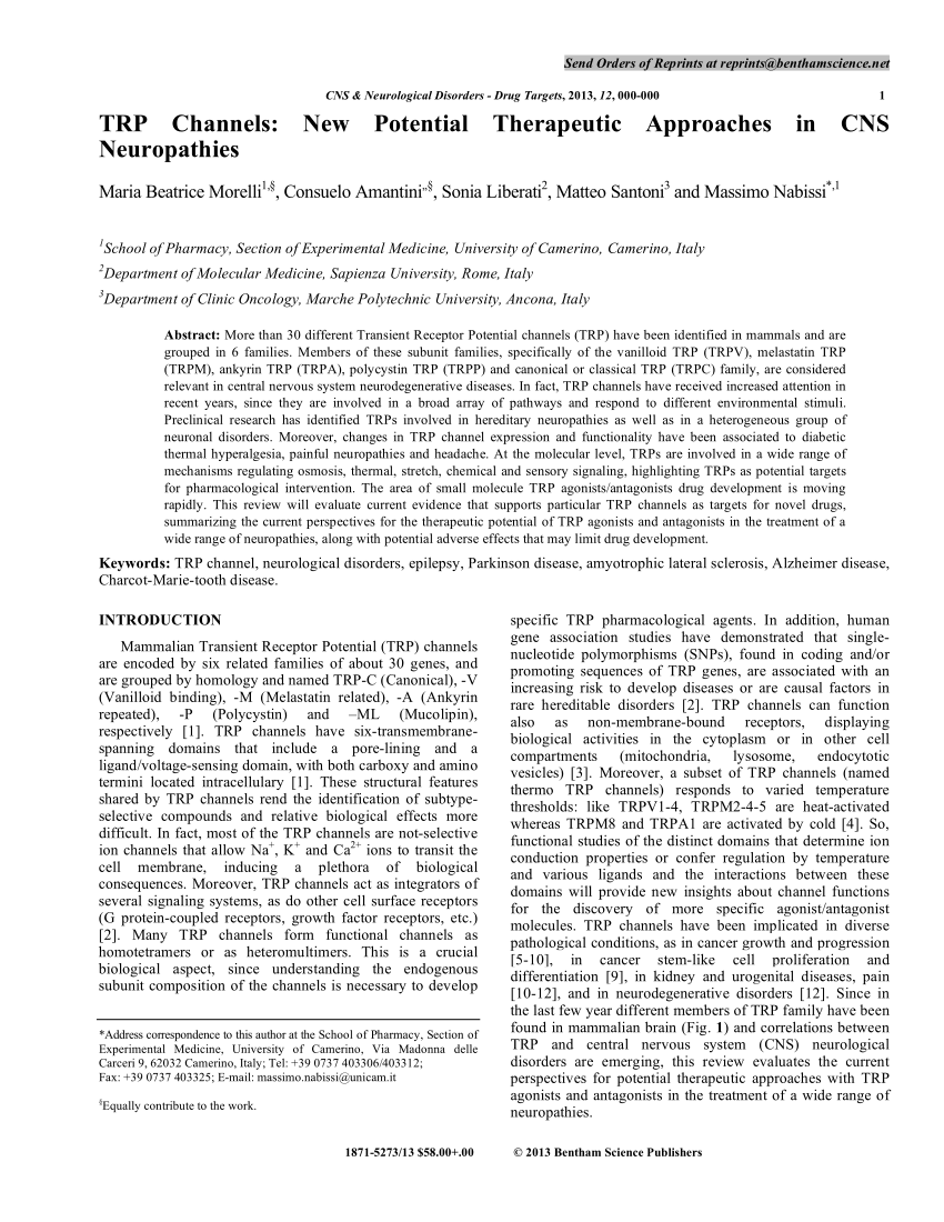 PDF TRP Channels New Potential Therapeutic Approaches in CNS