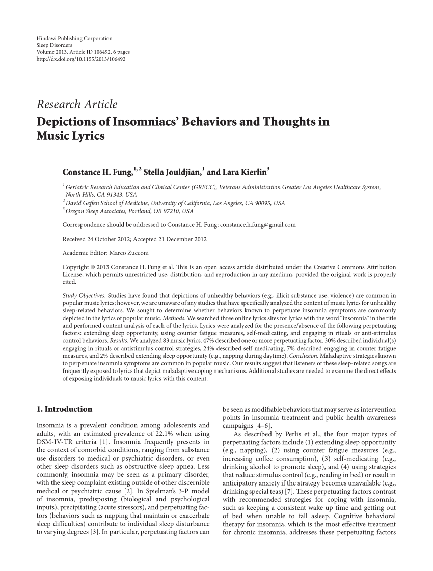 Pdf Depictions Of Insomniacs Behaviors And Thoughts In Music Lyrics