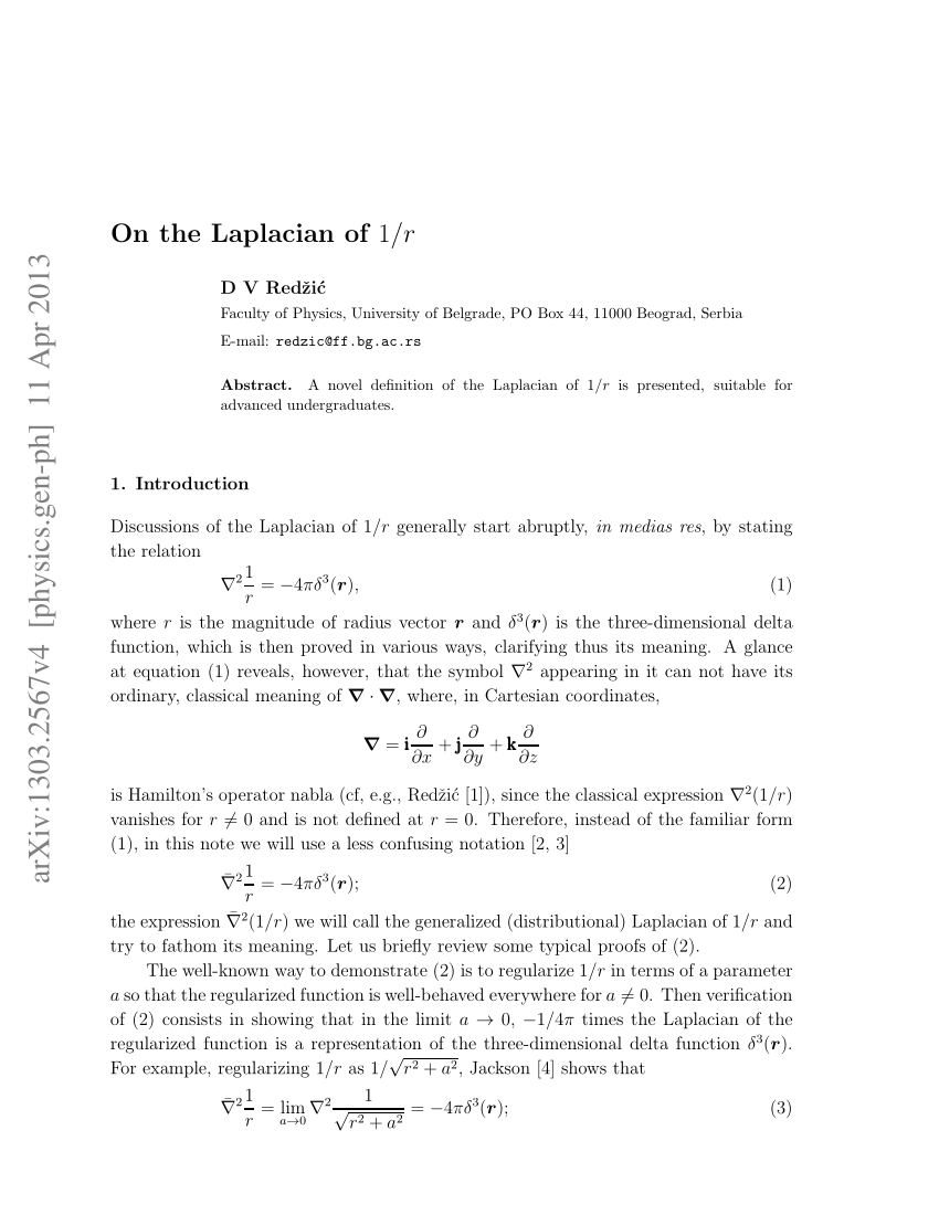 Pdf On The Laplacian Of 1 R