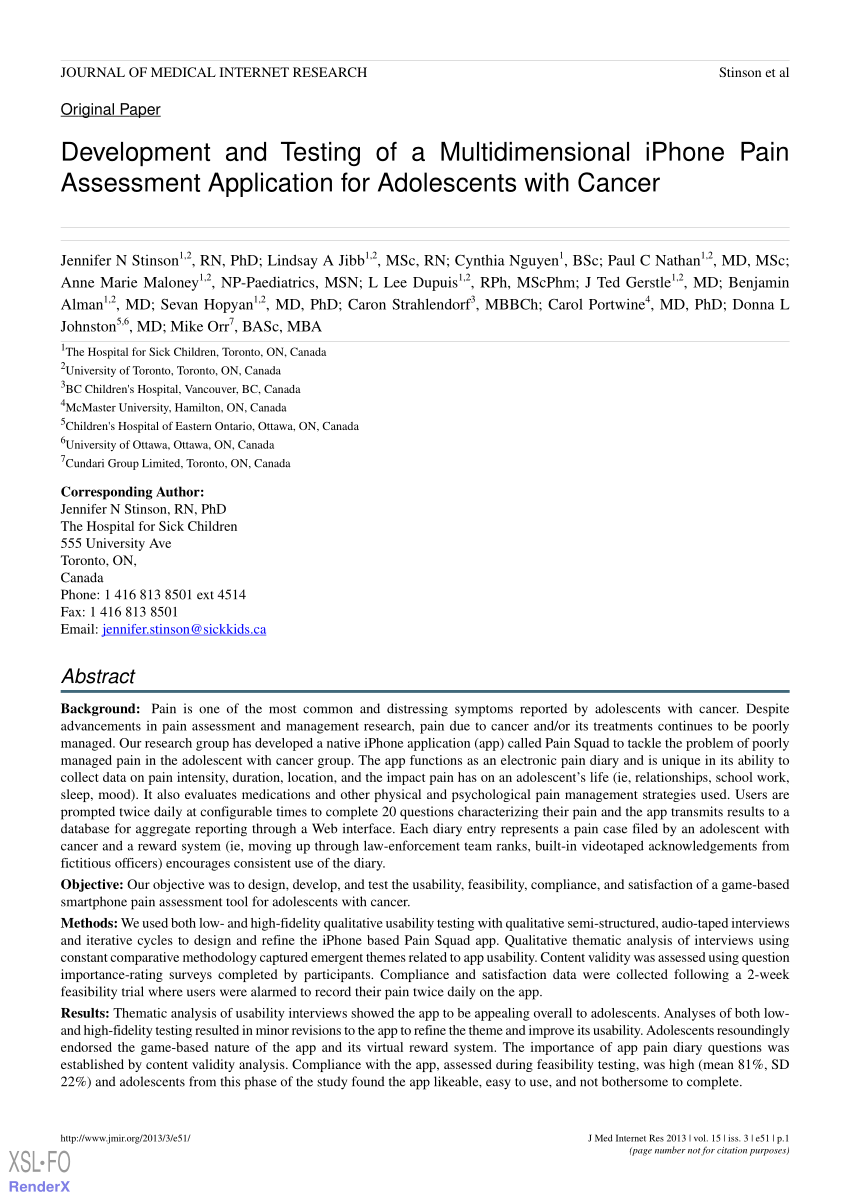 Pdf Development And Testing Of A Multidimensional Iphone Pain Assessment Application For Adolescents With Cancer