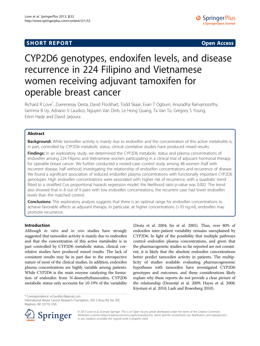 Pdf Cyp2d6 Genotypes Endoxifen Levels And Disease Recurrence In 224 Filipino And Vietnamese