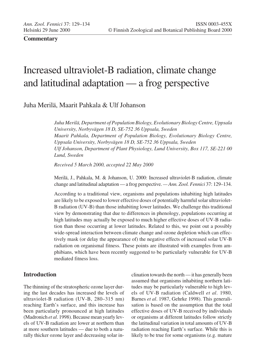 Pdf Increased Ultraviolet B Radiation Climate Change And Latitudinal Adaptation A Frog Perspective