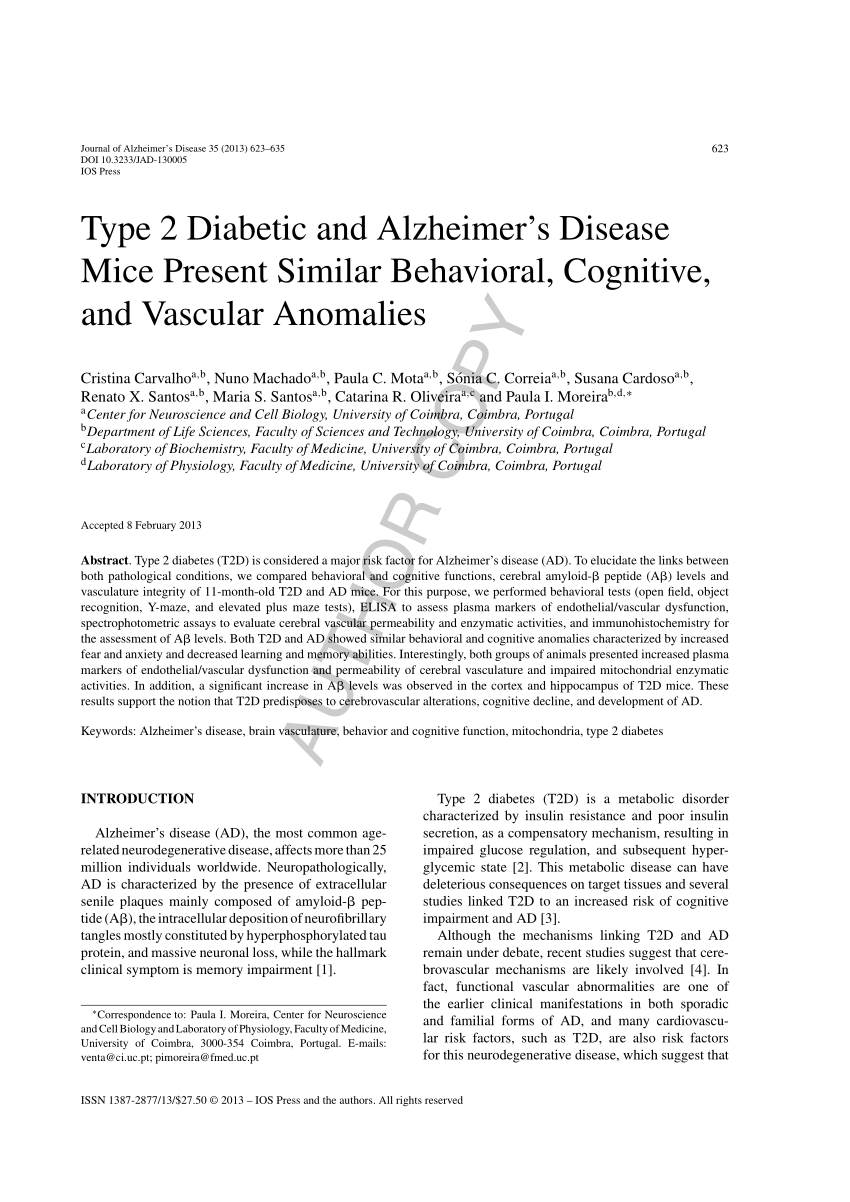 Pdf Type 2 Diabetic And Alzheimer S Disease Mice Present Similar Behavioral Cognitive And Vascular Anomalies