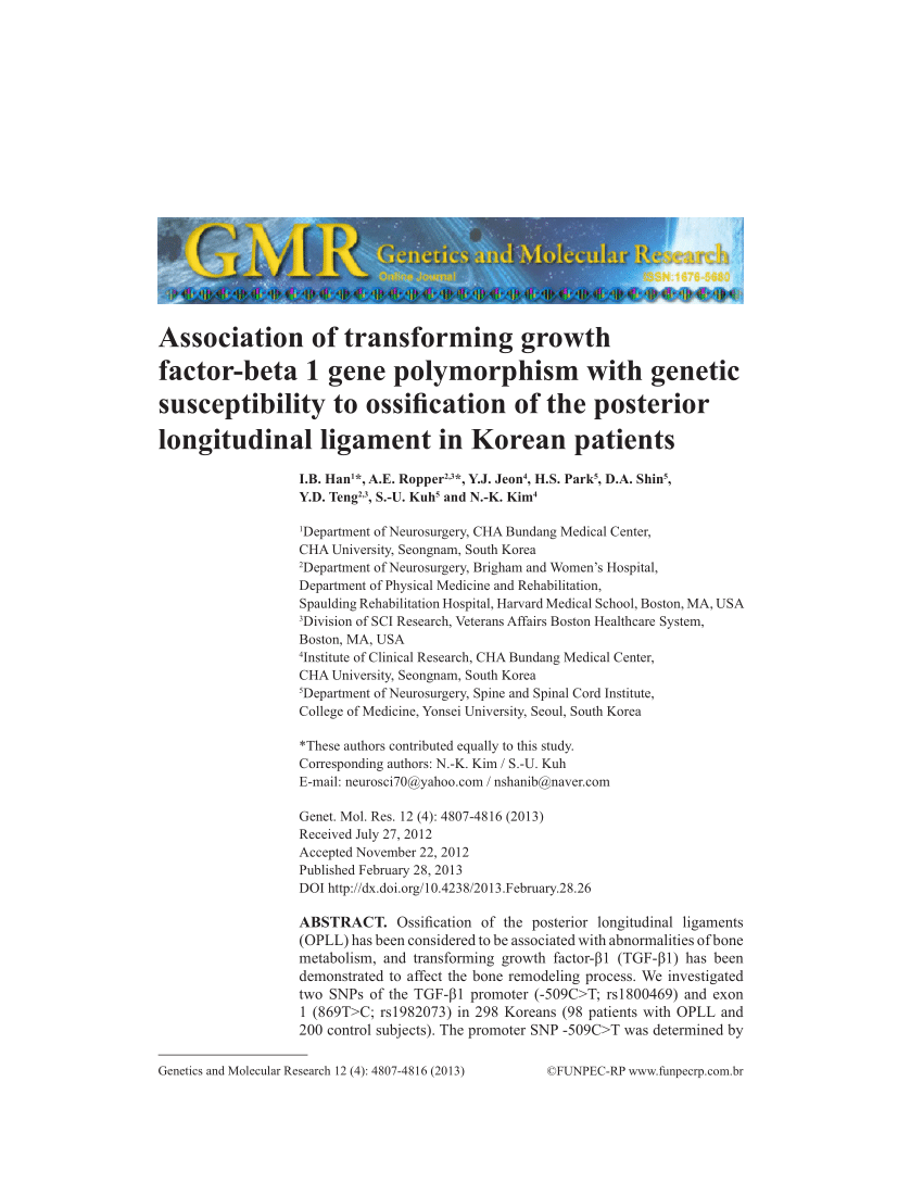 Pdf Association Of Transforming Growth Factor Beta 1 Gene Polymorphism With Genetic Susceptibility To Ossification Of The Posterior Longitudinal Ligament In Korean Patients