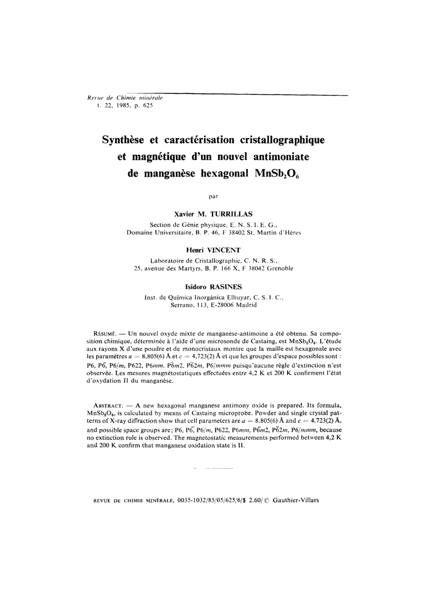 Pdf Synthese Et Caracterisation Cristallographique Et Magnetique D Un Nouvel Antirnoniate De Manganese Hexagonal Mnsb O
