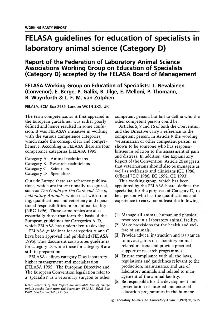PDF) FELASA guidelines for education of specialists in laboratory animal  science (Category D): Report of the Federation of Laboratory Animal Science  Associations Working Group on Education of Specialists (Category D)  accepted by