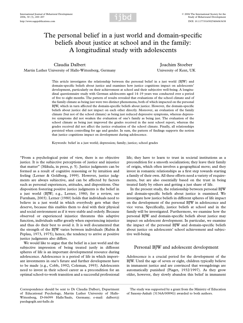 Pdf The Personal Belief In A Just World And Domain Specific Beliefs About Justice At School And In The Family A Longitudinal Study With Adolescents