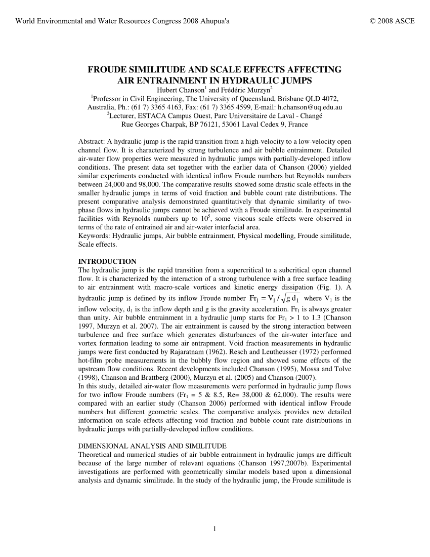 Pdf Froude Similitude And Scale Effects Affecting Air Entrainment In Hydraulic Jumps