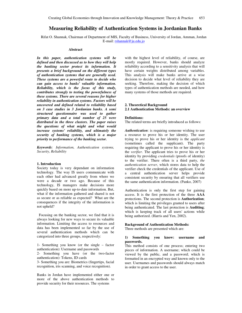 PDF Measuring Reliability of Authentication Systems in Jordanian