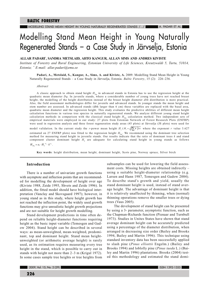 Pdf Modelling Stand Mean Height In Young Naturally Regenerated Stands A Case Study In Jarvselja Estonia