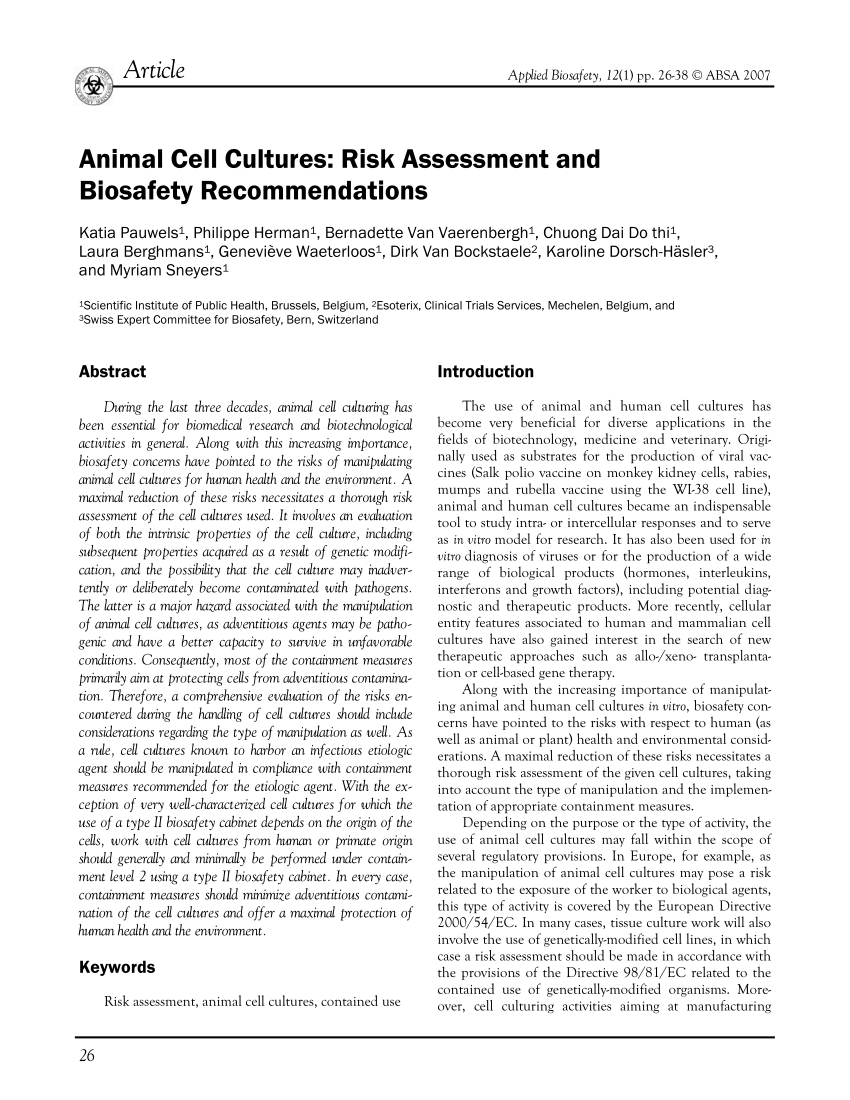 PDF) Animal Cell Cultures: Risk Assessment and Biosafety Recommendations