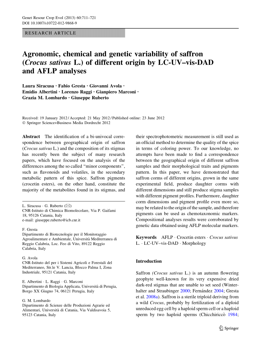 Pdf Agronomic Chemical And Genetic Variability Of Saffron Crocus Sativus L Of Different Origin By Lc Uv Vis Dad And Aflp Analyses