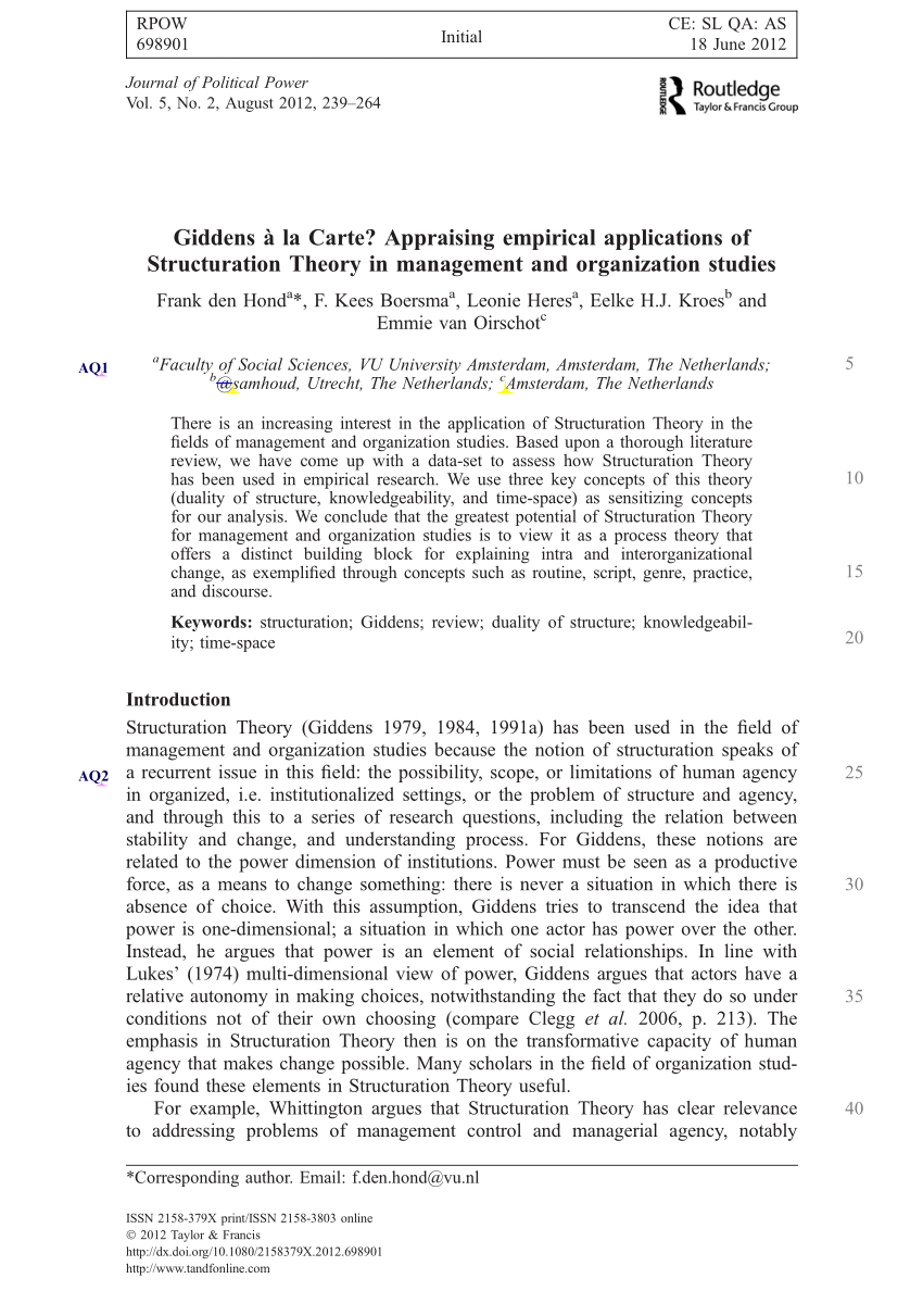 Pdf Giddens A La Carte Appraising Empirical Applications Of Structuration Theory In Management And Organization Studies