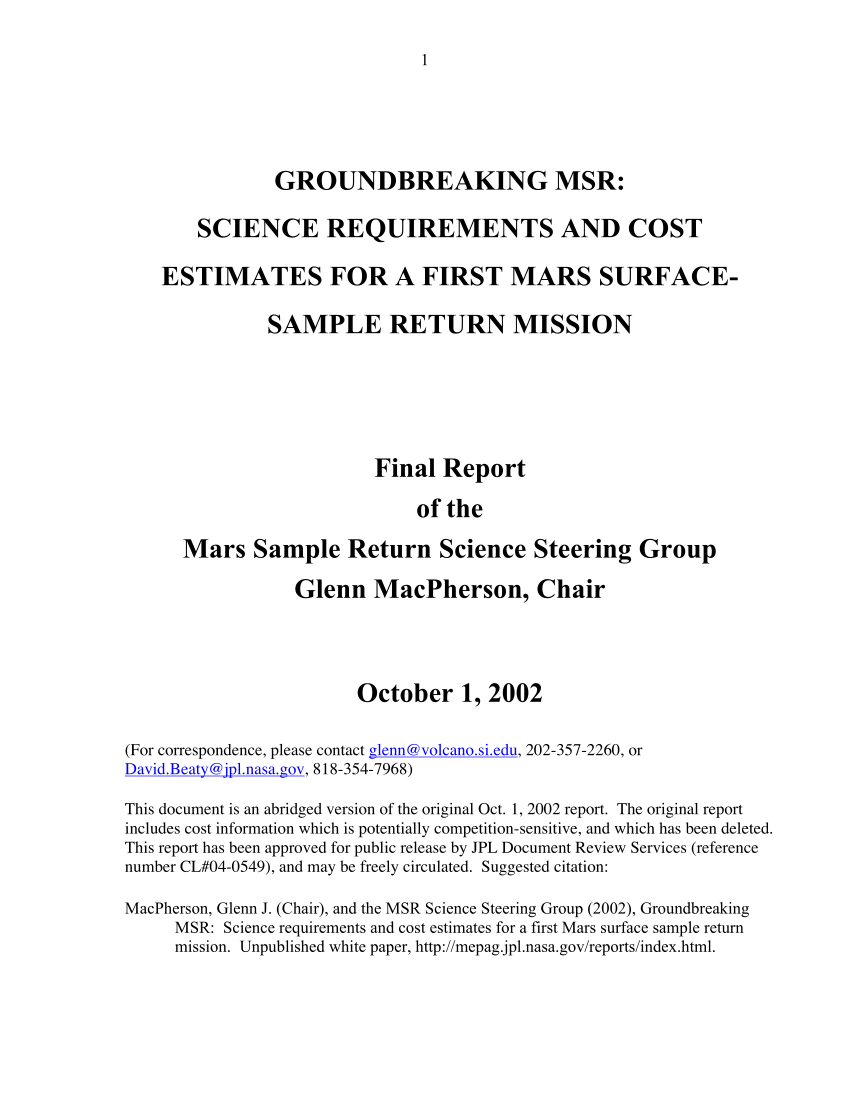 Pdf Groundbreaking Msr Science Requirements And Cost Estimates For A First Mars Surface Sample Return Mission