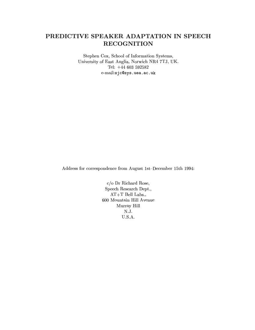 Pdf Predictive Speaker Adaptation In Speech Recognition