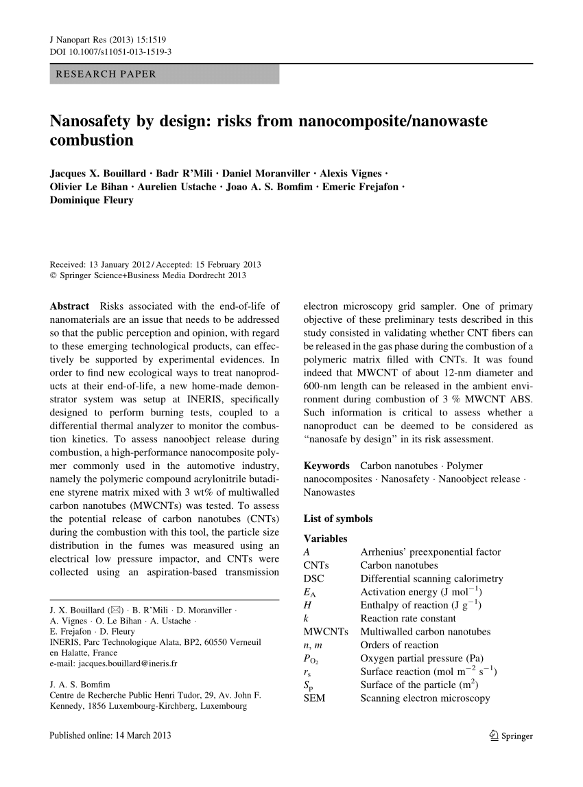 Pdf Nanosafety By Design Risks From Nanocomposite Nanowaste Combustion