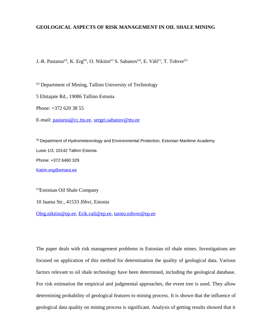 Pdf Geological Aspects Of Risk Management In Oil Shale Mining