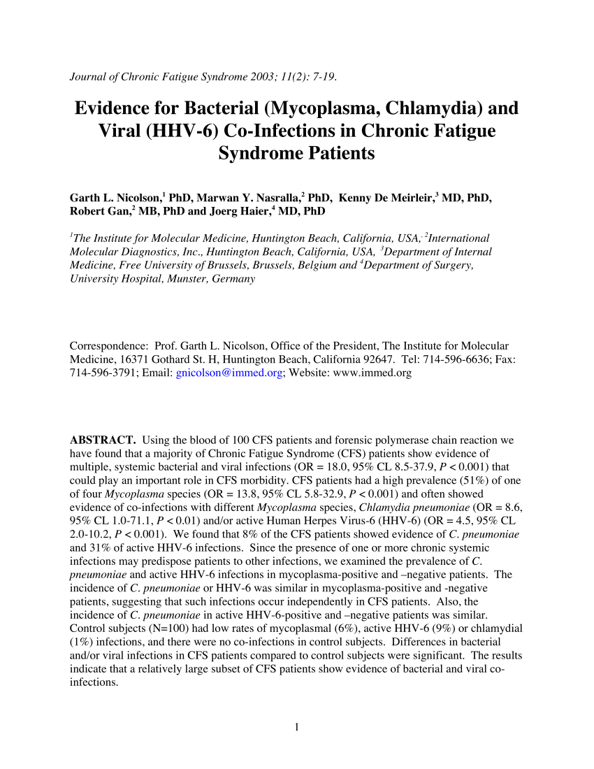 Pdf Evidence For Bacterial Mycoplasma Chlamydia And Viral Hhv 6 Co Infections In Chronic Fatigue Syndrome Patients