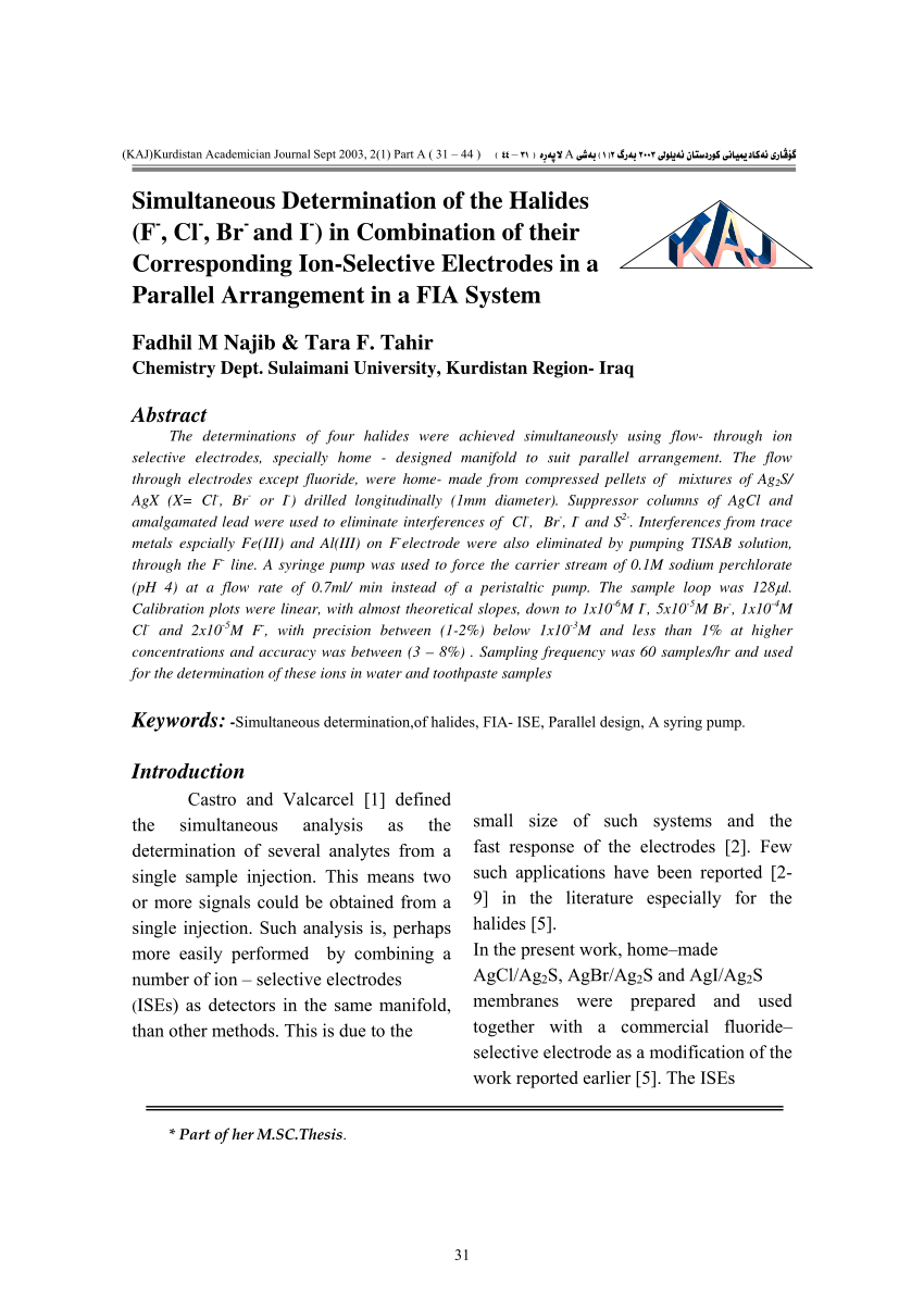 Pdf Simultaneous Determination Of The Halides F Cl Br And I In Combination Of Their Corresponding Ion Selective Electrodes In A Parallel Arrangement In A Fia System
