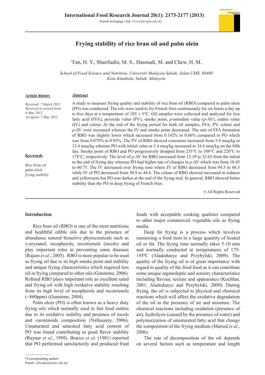 (PDF) Frying stability of rice bran oil and palm olein