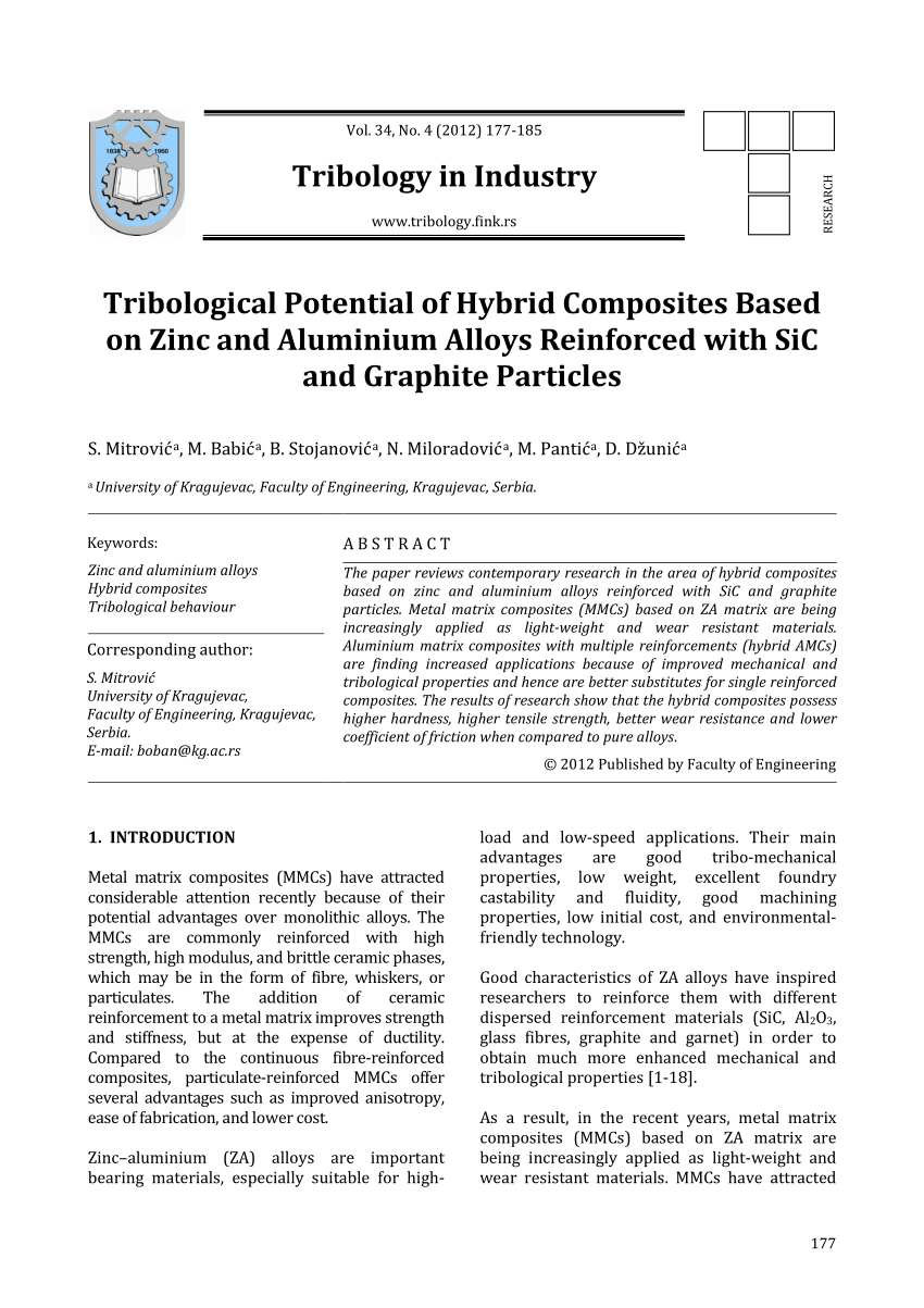 Pdf Tribological Potential Of Hybrid Composites Based On Zinc And Aluminium Alloys Reinforced With Sic And Graphite Particles