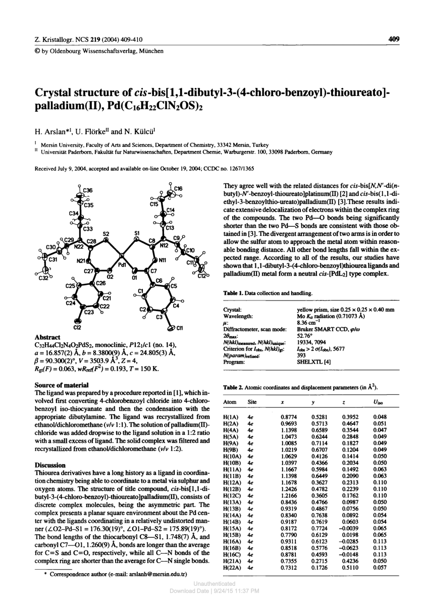 Pdf Crystal Structure Of Bis 1 1 Dibutyl 3 4 Chloro Benzoyl Thioureato Palladium Ii Pd C16h22cln2os 2
