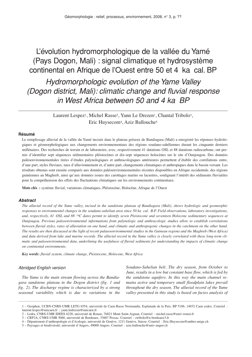 PDF) L'évolution hydromorphologique de la vallée du Yamé (Pays Dogon, Mali)  : signal climatique et hydrosystème continental en Afrique de l'Ouest entre  50 et 4 ka cal. BP
