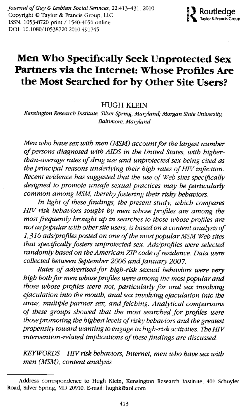 PDF) Men Who Specifically Seek Unprotected Sex Partners via the Internet:  Vhose Profiles Are the Most Searched for by Other Site Users?