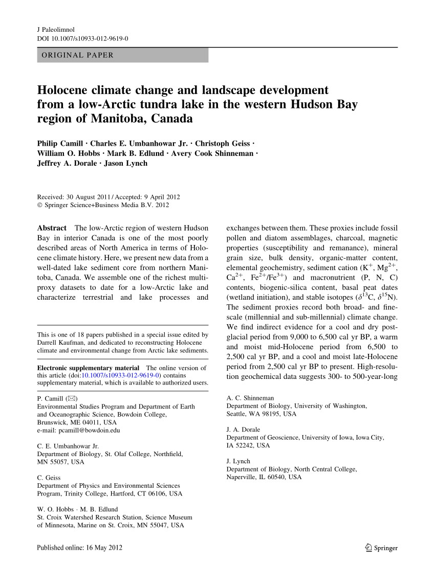 Pdf Holocene Climate Change And Landscape Development From A Low Arctic Tundra Lake In The Western Hudson Bay Region Of Manitoba Canada
