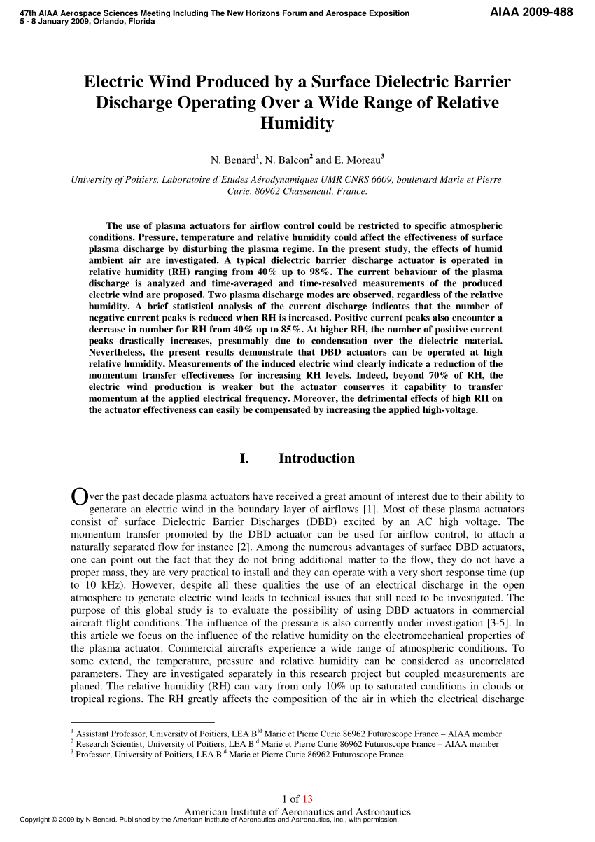 Pdf Electric Wind Produced By A Surface Dielectric Barrier Discharge Operating Over A Wide Range Of Relative Humidity